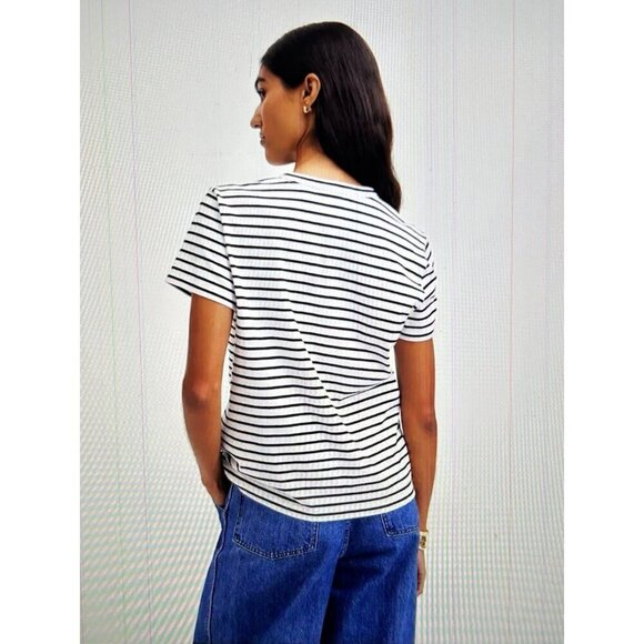 Madewell Womens Cotton Perfect Striped Crewneck Tee in White/Black NS582 - Picture 3 of 8